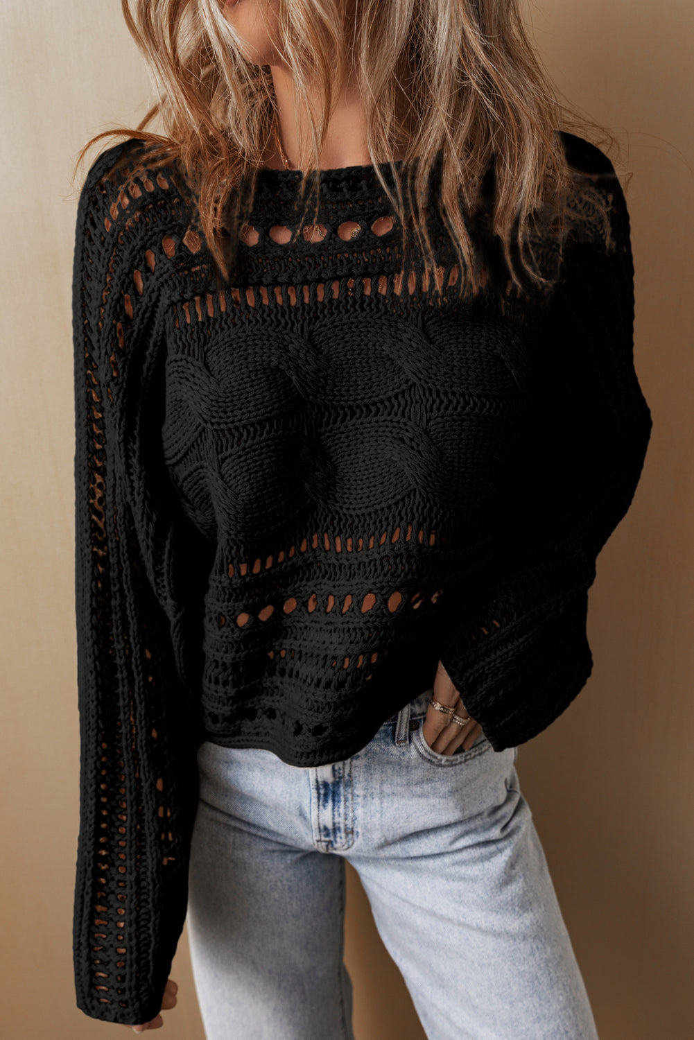 Black Hollow-out Cable Knit Cropped Sweater Sweaters JT's Designer Fashion