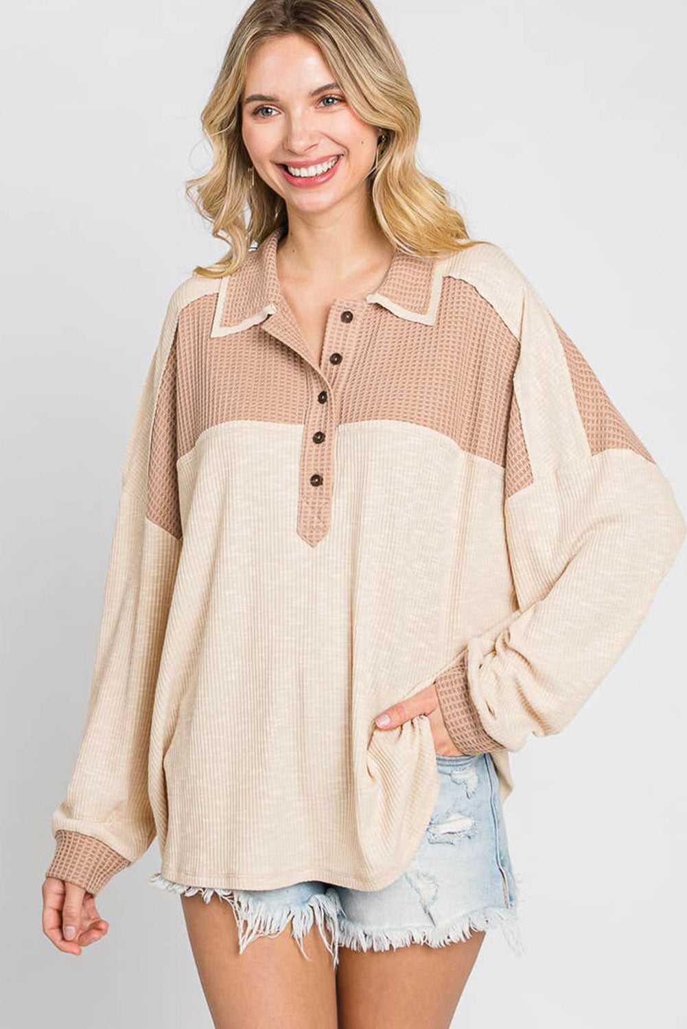 Apricot Oversized Knit Top With Waffle Contrast Long Sleeve Tops JT's Designer Fashion