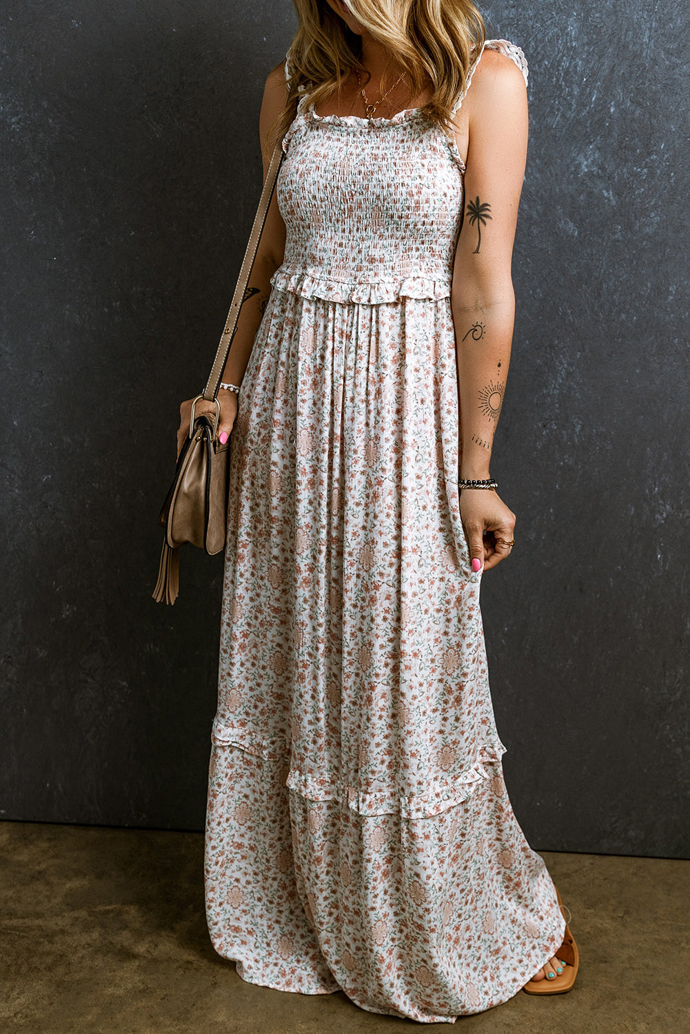 White Lace Frilly Straps Shirred Floral Maxi Dress Dresses JT's Designer Fashion