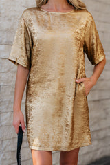 Gold Metallic Luster Crewneck Mini T-Shirt Dress T Shirt Dresses JT's Designer Fashion