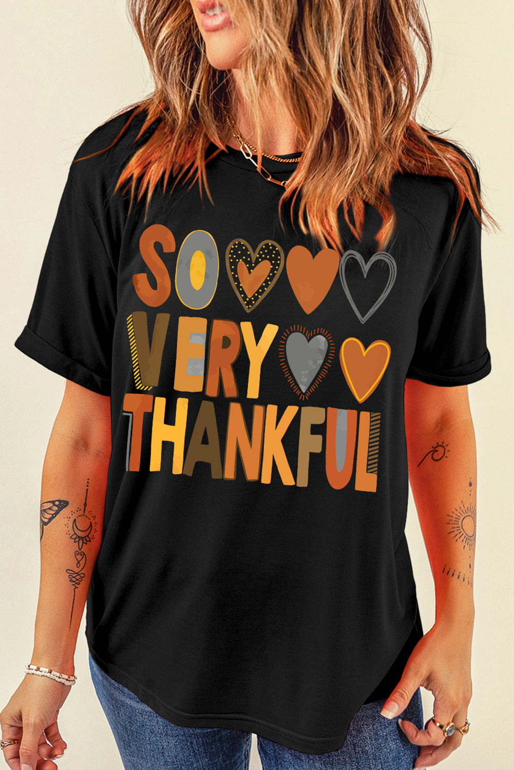 Black So Very Thankful Heart Printed Crewneck Thanksgiving T Shirt Graphic Tees JT's Designer Fashion