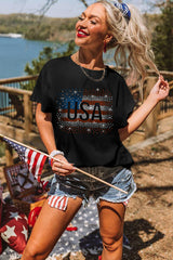 Black Rhinestone America Flag USA Graphic T Shirt Graphic Tees JT's Designer Fashion