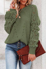 Green Hollow-out Puffy Sleeve Knit Sweater Green 100%Acrylic Sweaters JT's Designer Fashion
