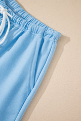 Myosotis V Neck Drop Shoulder Tee and Patchwork Drawstring Elastic Waistband Shorts Set Short Sets JT's Designer Fashion