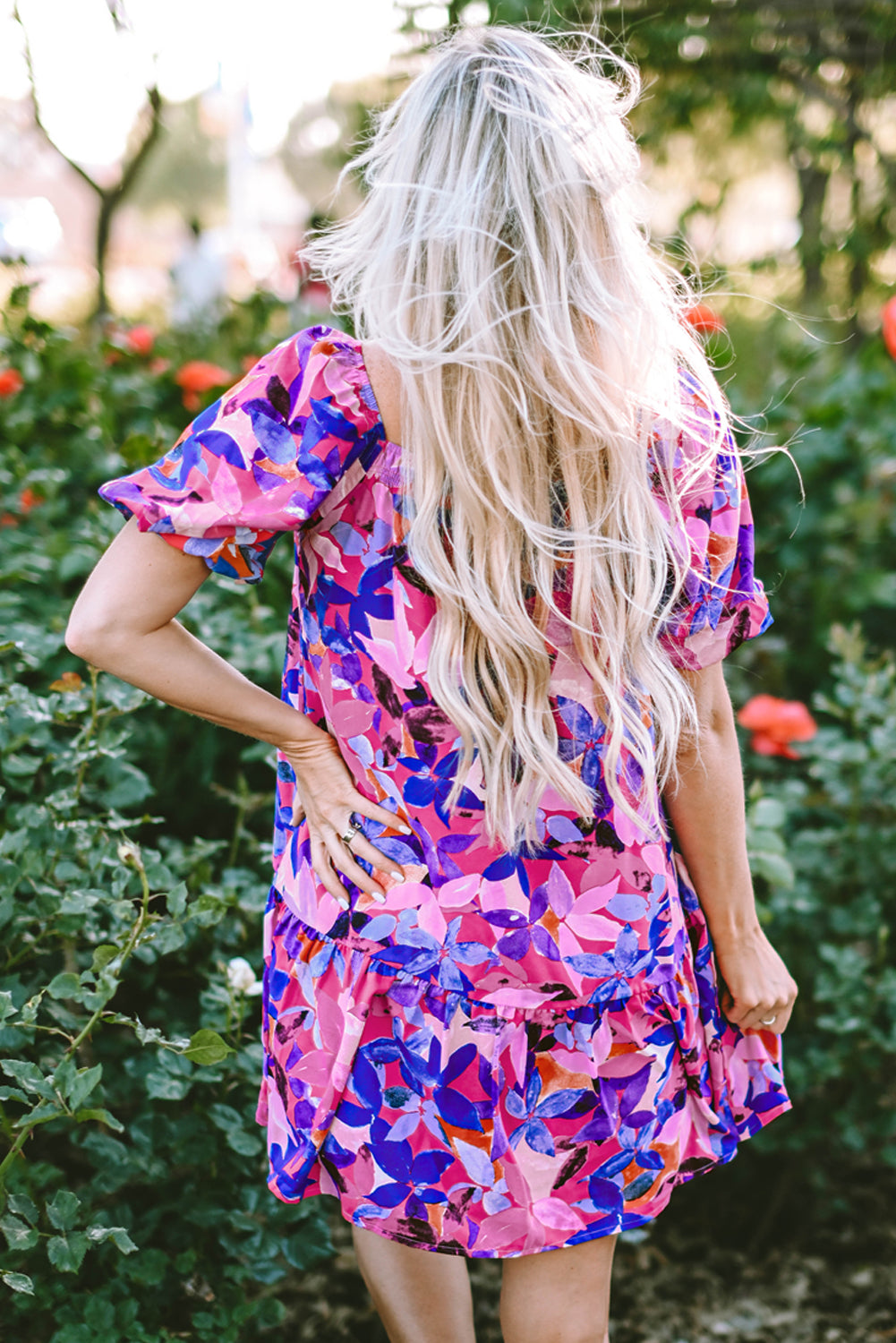 Purple Flower Print Short Puff Sleeve Ruffled Dress Floral Dresses JT's Designer Fashion