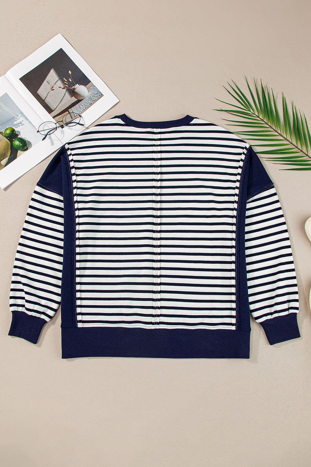 White Stripe Color Block Exposed Seam Loose Fit Sweatshirt Sweatshirts & Hoodies JT's Designer Fashion