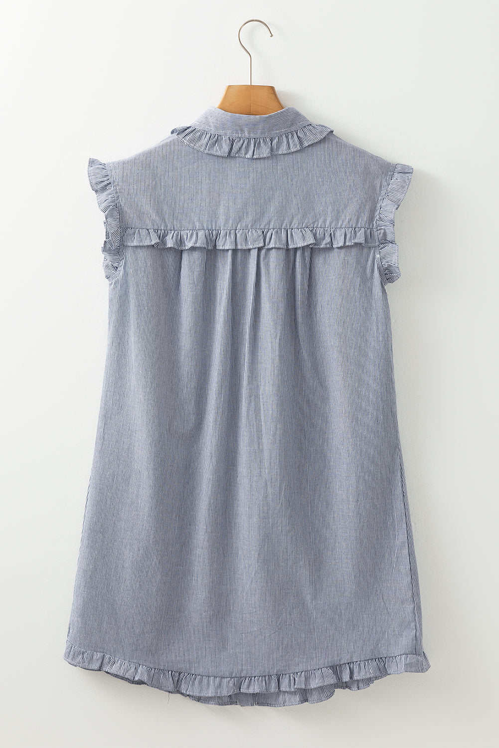 Blue Stripe Frilled Sleeveless Collar Front Pocket Button Up Mini Dress Mini Dresses JT's Designer Fashion