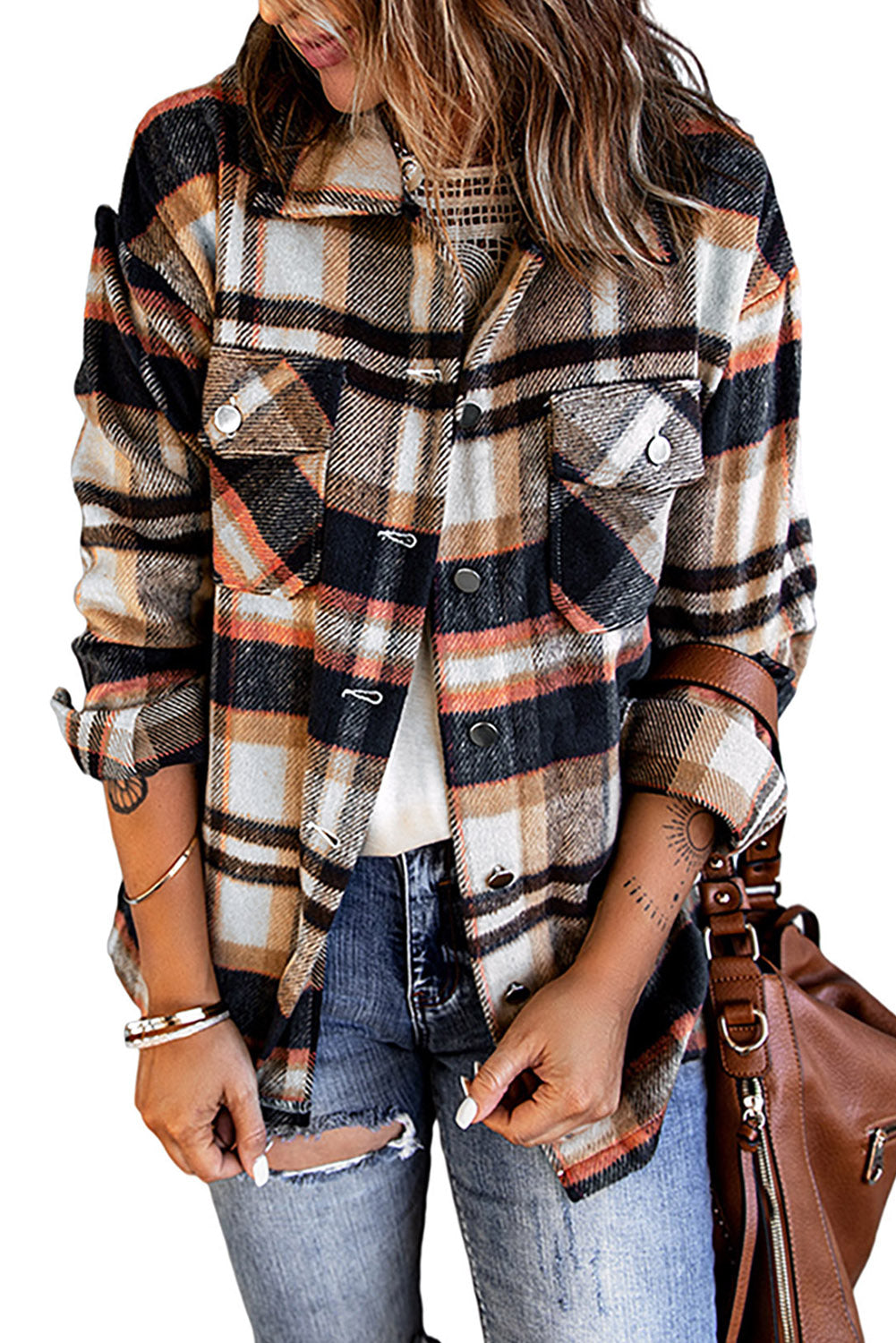 Geometric Plaid Print Pocketed Shacket Plaid Shackets JT's Designer Fashion