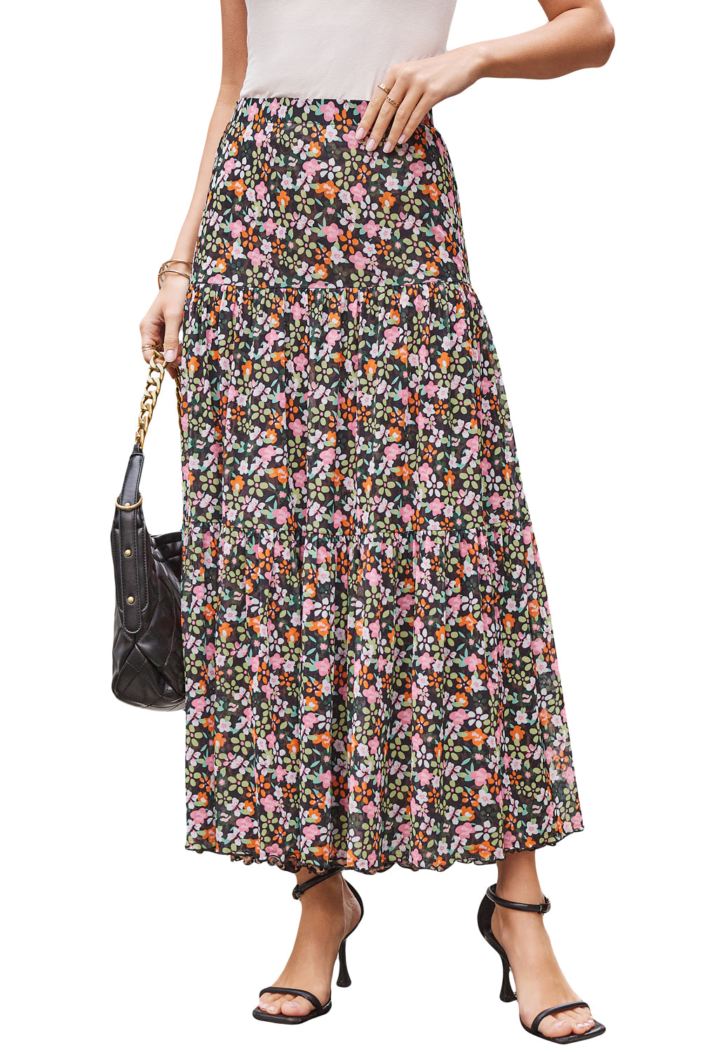 Brown Leopard Floral Reversible Ruffle Hem Maxi Skirt Skirts & Petticoat JT's Designer Fashion