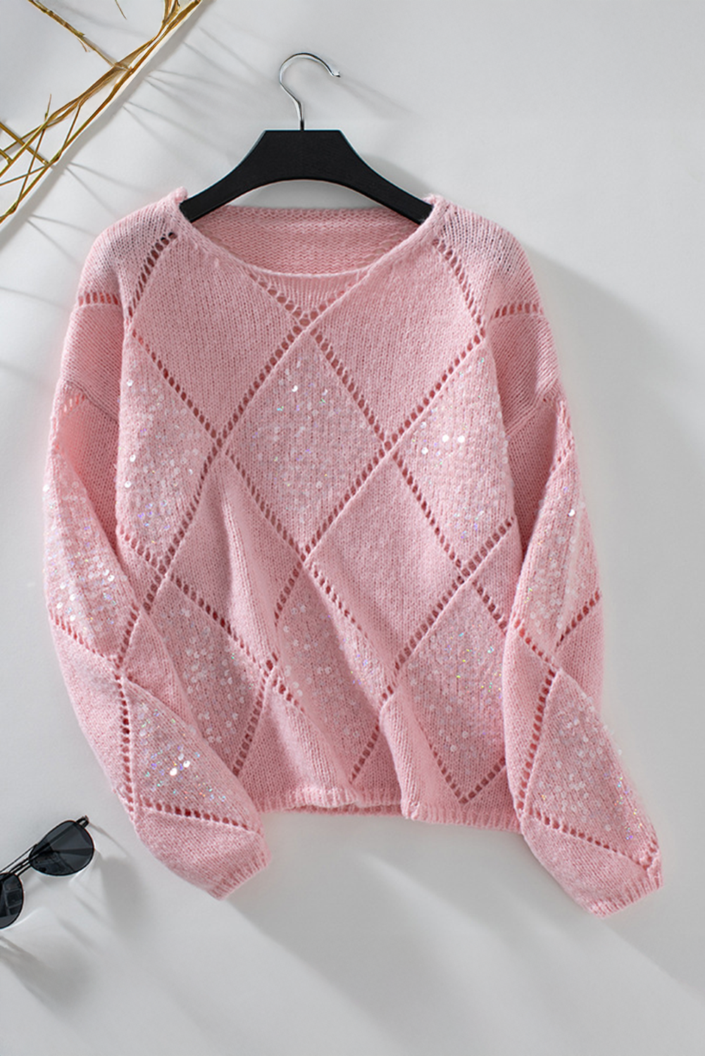 Light Pink Hollowed Rhombus Pattern Sequin Detail Round Neck Sweater Sweaters JT's Designer Fashion