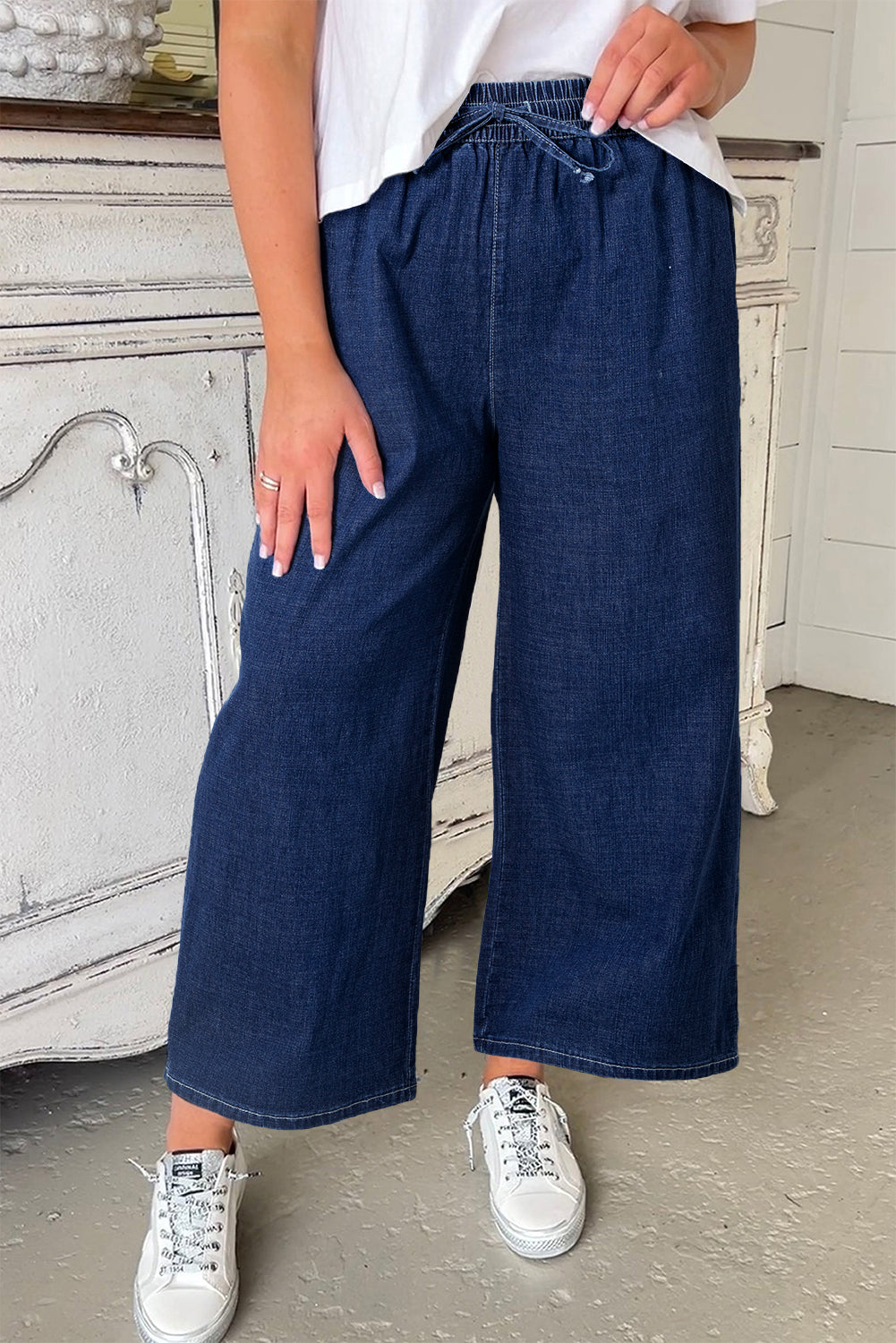 Real Teal Plus Size Drawstring High Waist Wide Leg Casual Jeans Plus Size Bottoms JT's Designer Fashion