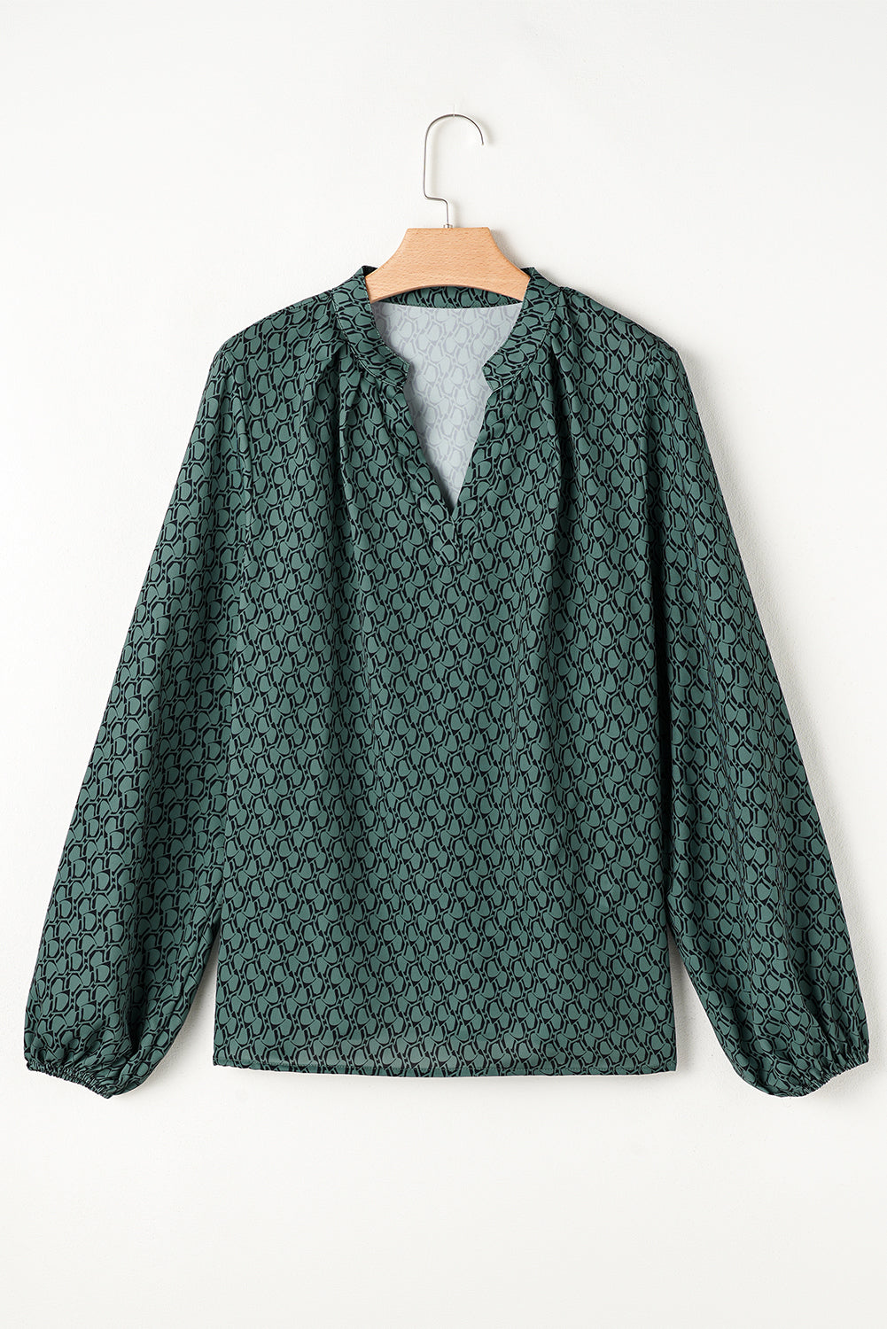 Green Geometric Print Notched Neck Puff Sleeve Blouse Blouses & Shirts JT's Designer Fashion