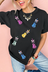 Black Sequined Bow Guitar Country Music Festival Casual Tee Graphic Tees JT's Designer Fashion