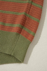 Brown Stripe Trimmed Round Neck Drop Shoulder Loose Sweater Sweaters JT's Designer Fashion
