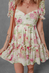 White Vibrant Floral Bubble Sleeve Sweetheart Neck Ruffle Mini Dress Floral Dresses JT's Designer Fashion
