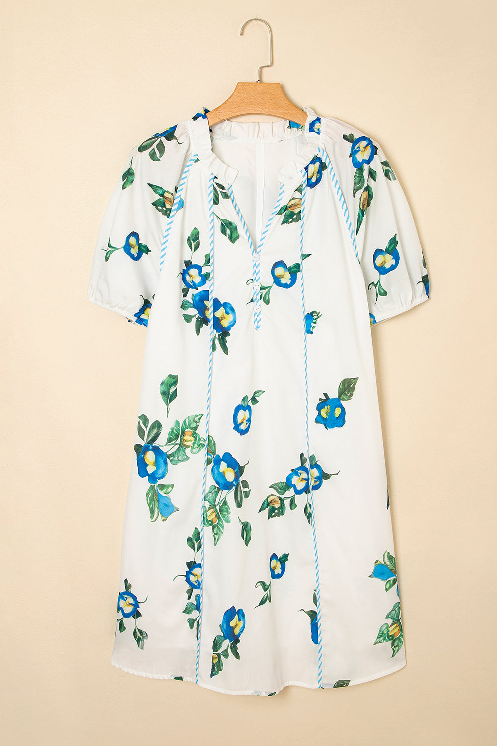 White Plus Size Floral Short Puff Sleeve Contrast Tie V Neck Dress Plus Size Mini Dresses JT's Designer Fashion