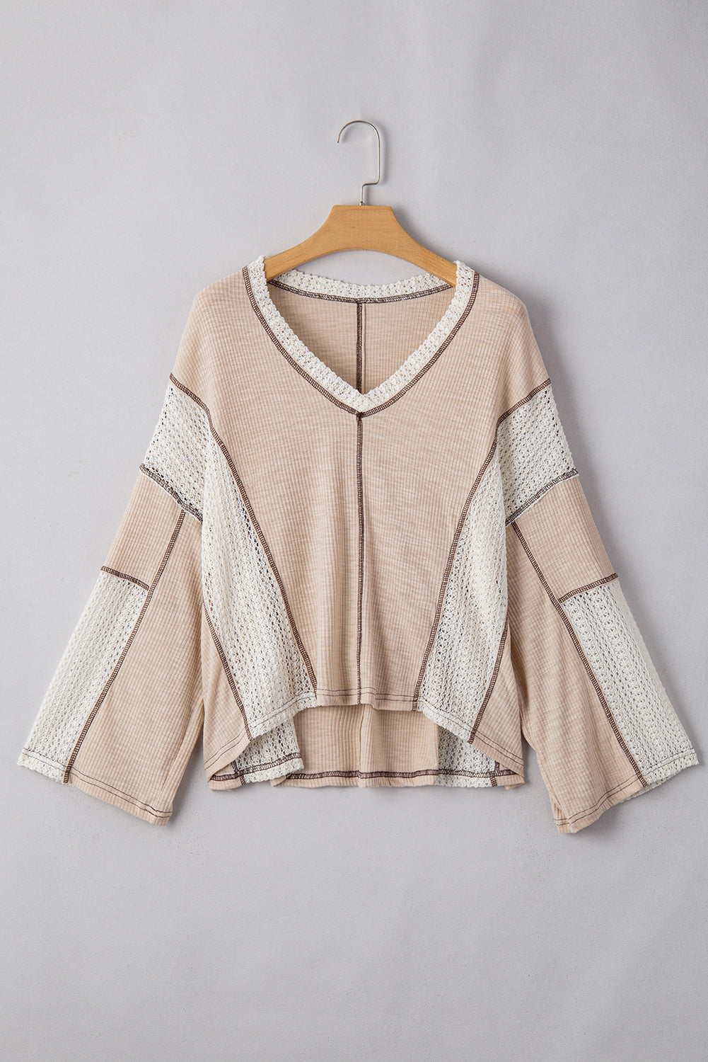 Parchment Crochet Detail Exposed Seam High Low Loose Top Long Sleeve Tops JT's Designer Fashion