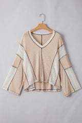 Parchment Crochet Detail Exposed Seam High Low Loose Top Long Sleeve Tops JT's Designer Fashion