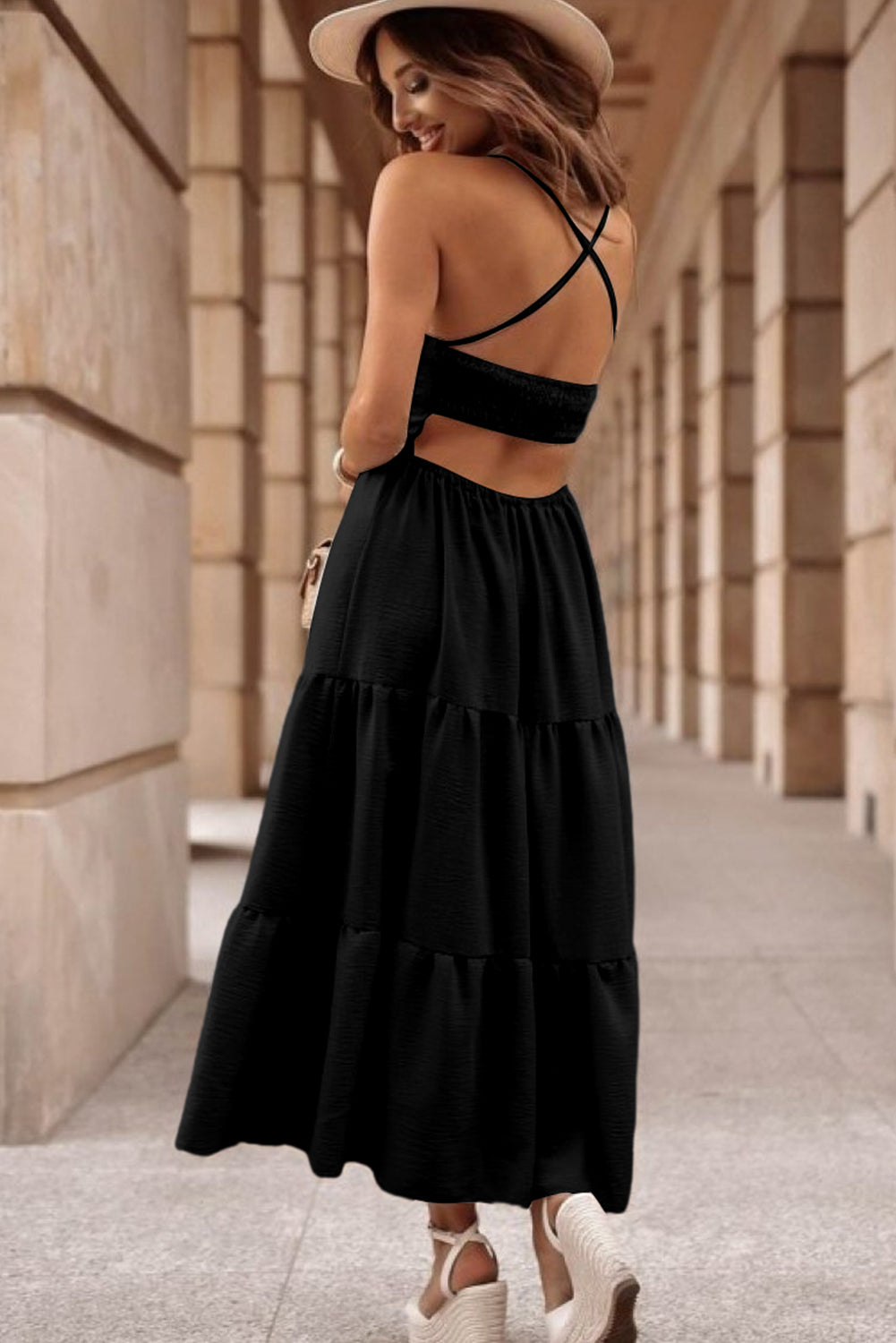 Black Crossover Backless Bodice Tiered Maxi Dress Dresses JT's Designer Fashion