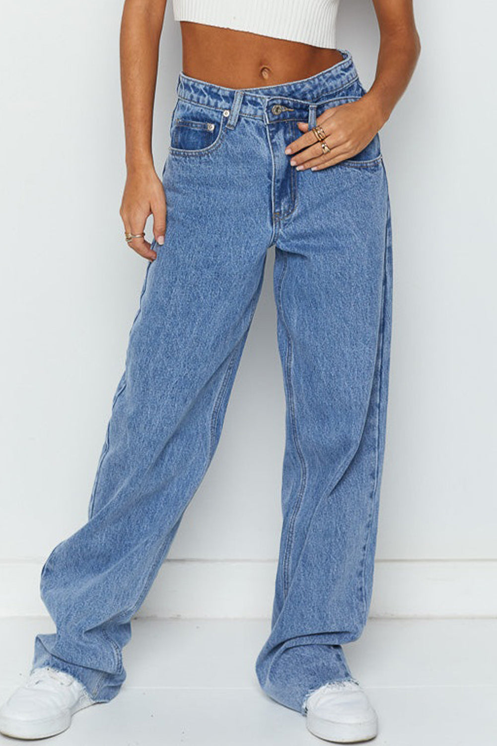 Blue Mid Rise Asymmetrical Waist Wide Leg Jeans Jeans JT's Designer Fashion