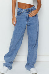Blue Mid Rise Asymmetrical Waist Wide Leg Jeans Jeans JT's Designer Fashion