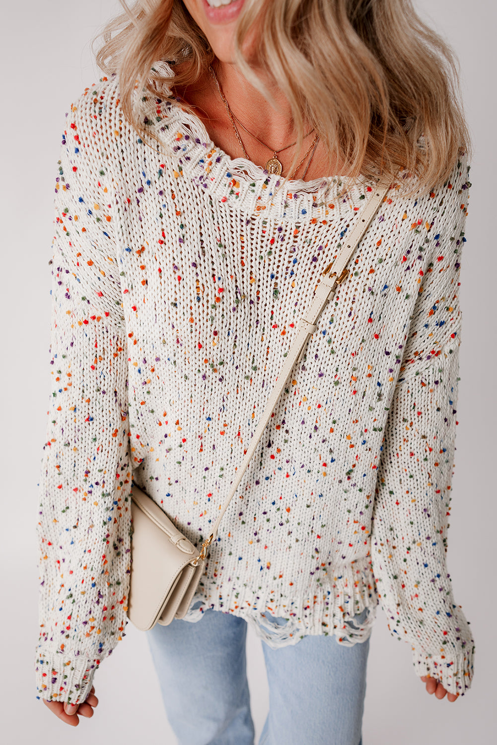 White Colorful Confetti Distressed Knit Sweater Sweaters JT's Designer Fashion