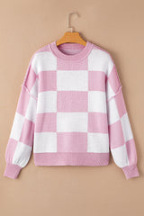 Pink Checkered Bishop Sleeve Sweater Sweaters JT's Designer Fashion