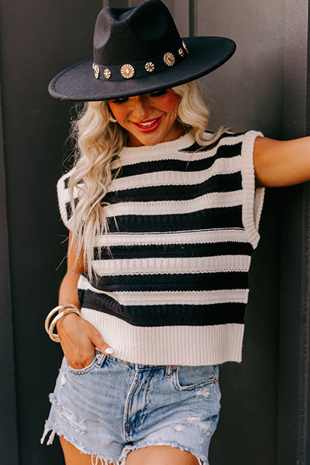 Black Stripe Round Neck Knit Tank Top Sweaters & Cardigans JT's Designer Fashion