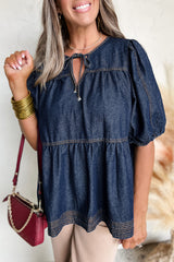 Sail Blue Puff Sleeve Lace-up Neckline Splicing Denim Blouse Blouses & Shirts JT's Designer Fashion
