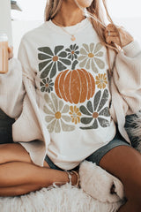 White Thanksgiving Pumpkin Print Loose Crewneck Tunic T Shirt Graphic Tees JT's Designer Fashion