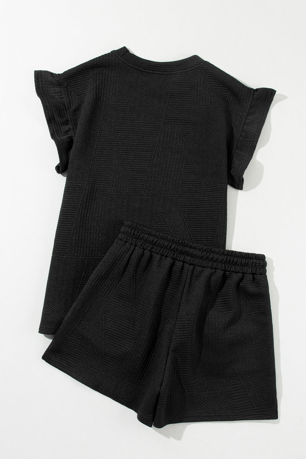 Black Textured Ruffle Split Top and Drawstring Shorts Short Sets JT's Designer Fashion