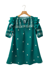 Skobeloff Boho Floral Ruffle Puff Sleeve Lace-up V Neck Mini Dress Floral Dresses JT's Designer Fashion