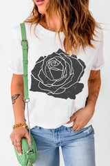 White Large Rose Print Round Neck T Shirt Graphic Tees JT's Designer Fashion