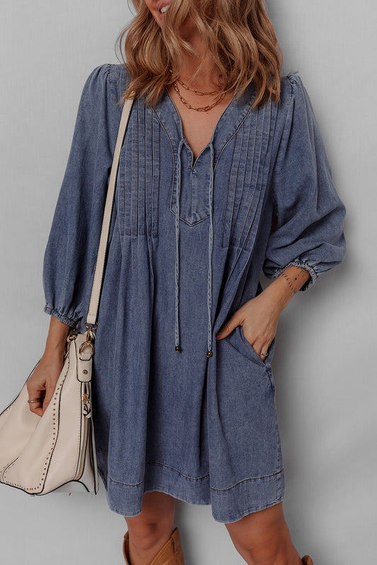 Sail Blue 3/4 Sleeve Tied V Neck Pleated Denim Mini Dress Sail Blue 100%Cotton JT's Designer Fashion