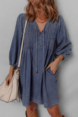 Sail Blue 3/4 Sleeve Tied V Neck Pleated Denim Mini Dress Sail Blue 100%Cotton JT's Designer Fashion