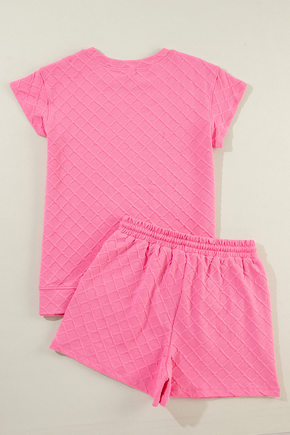 Sachet Pink Checkered Textured Tee and Drawstring Shorts Short Sets JT's Designer Fashion
