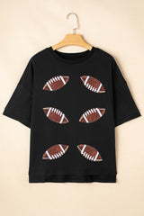 Black Sequin Rugby Football Patched Crewneck Loose T Shirt Graphic Tees JT's Designer Fashion