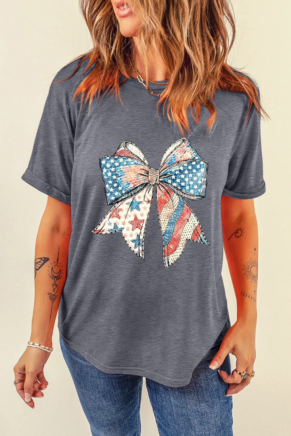 Gray US Flag Bow Print Round Neck Loose T Shirt Graphic Tees JT's Designer Fashion