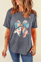 Gray US Flag Bow Print Round Neck Loose T Shirt Graphic Tees JT's Designer Fashion
