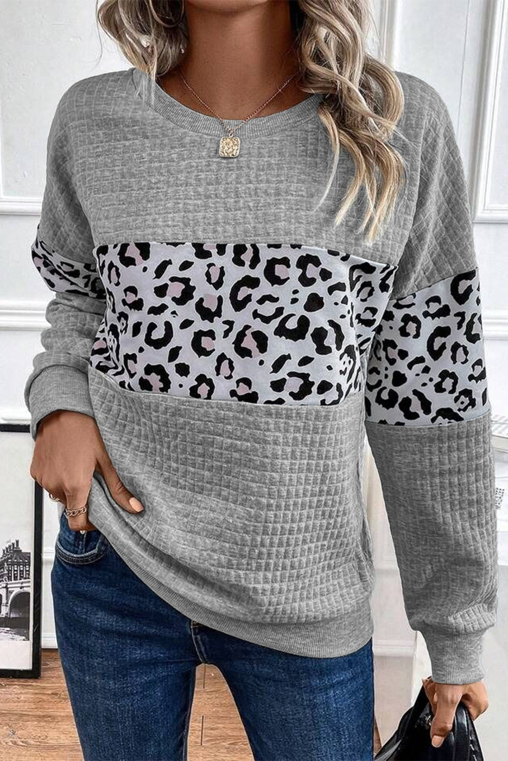 Gray Leopard Quilted Patchwork Crew Neck Sweatshirt Sweatshirts & Hoodies JT's Designer Fashion