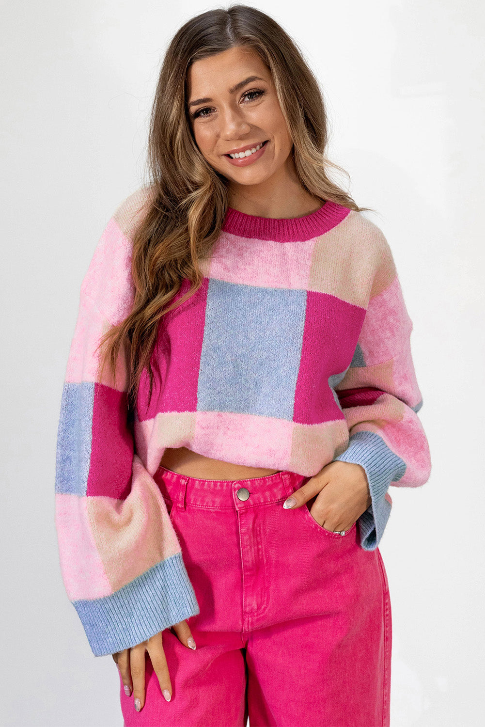 Rose Red Color Block Drop Shoulder Crewneck Loose Fit Sweater Sweaters JT's Designer Fashion