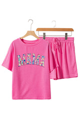 Rose Red MAMA Embroidered Leopard Letters Waffle Short Set Graphic Sets JT's Designer Fashion
