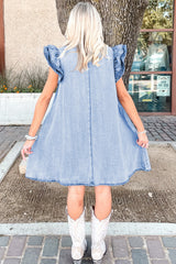 Beau Blue Double Ruffled Sleeves Buttoned A-line Collared Mini Denim Dress Dresses JT's Designer Fashion