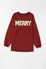 Racing Red MERRY Graphic Corded Christmas Sweatshirt Graphic Sweatshirts JT's Designer Fashion