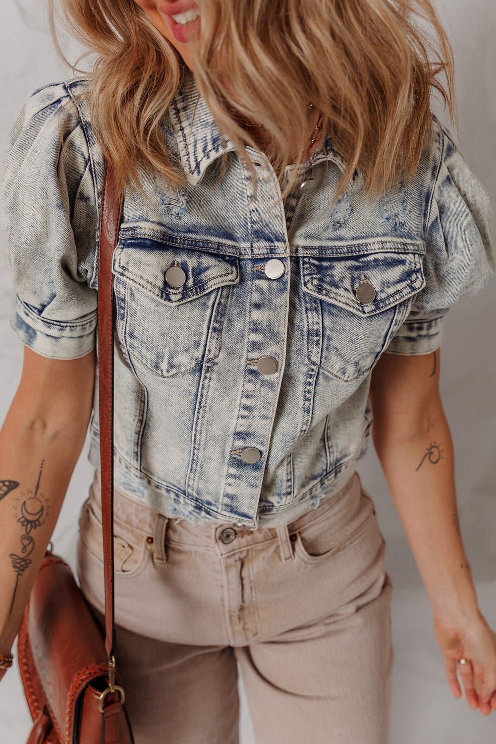 Beau Blue Light Wash Buttoned Chest Pocket Puff Sleeve Denim Jacket Denim Jackets JT's Designer Fashion