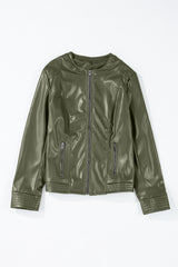 Sage Green Solid Faux Leather Zipper Slim Fit Bomber Jacket Jackets JT's Designer Fashion
