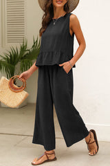 Black Solid Color Ribbed Ruffle Tank Top and Pants Set Pant Sets JT's Designer Fashion