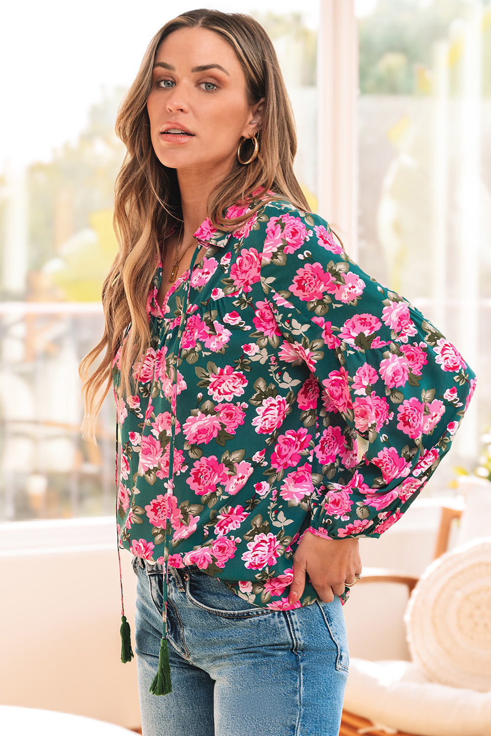 Green Floral Printed Tied Collar Puff Sleeve Blouse Blouses & Shirts JT's Designer Fashion