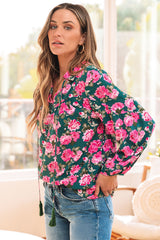 Green Floral Printed Tied Collar Puff Sleeve Blouse Blouses & Shirts JT's Designer Fashion