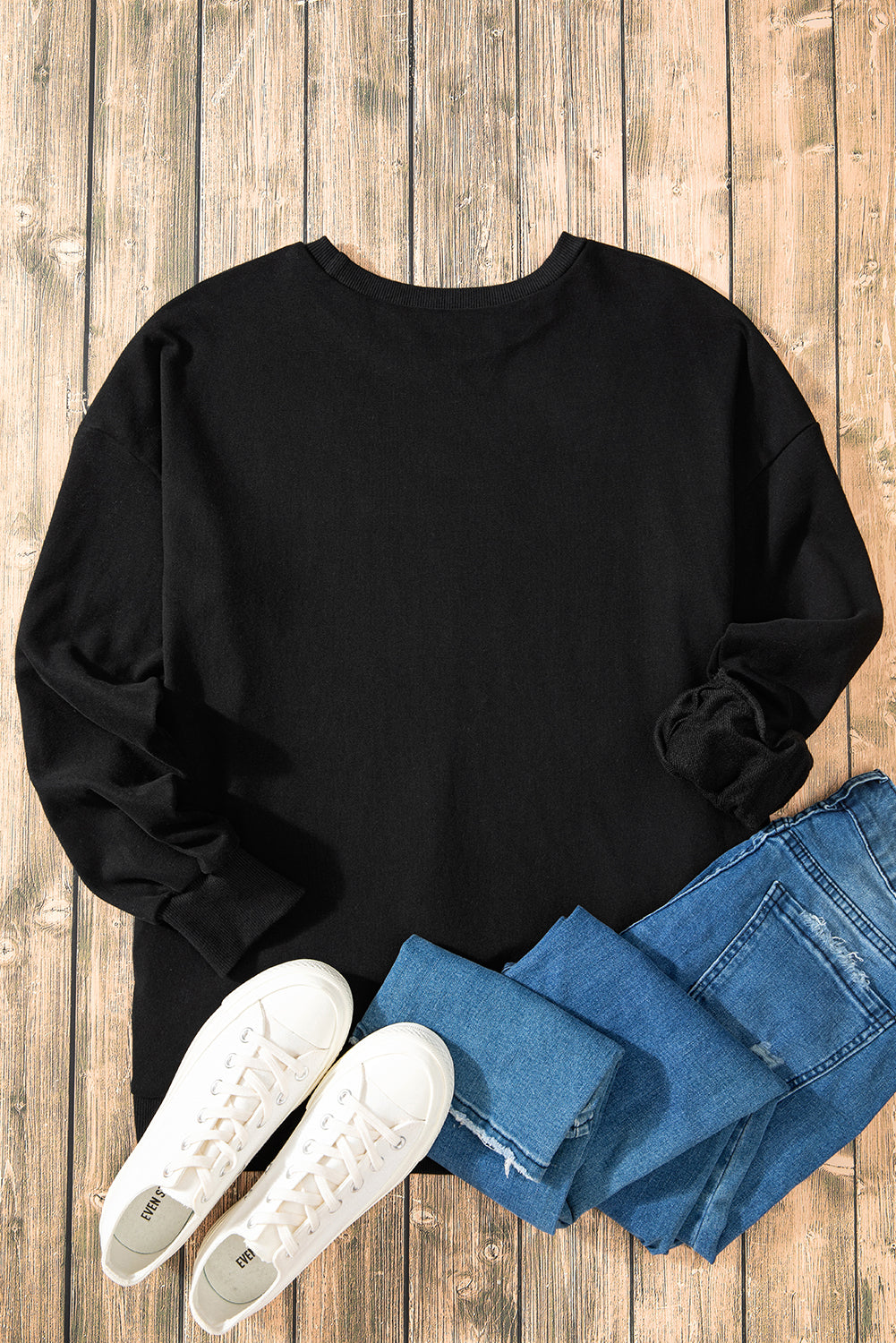 Black Solid O Neck High Low Hem Pullover Sweatshirt Sweatshirts & Hoodies JT's Designer Fashion